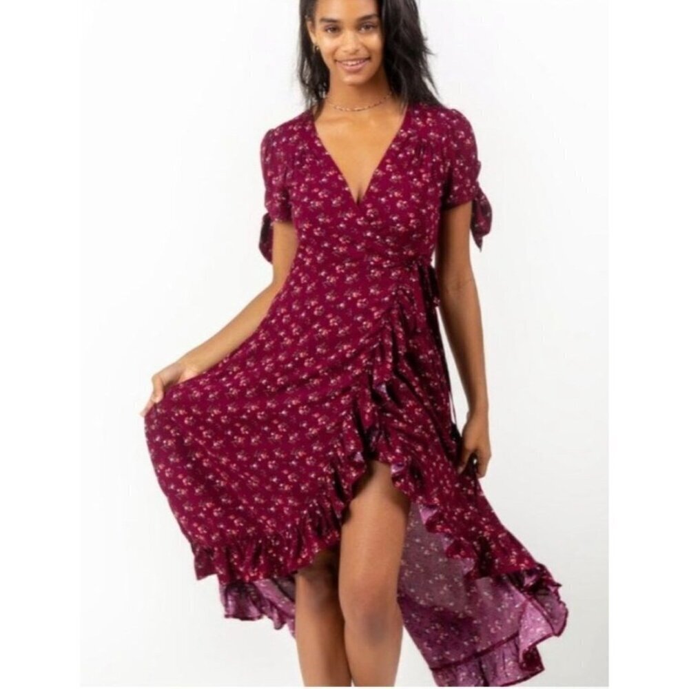 Miami Y2K Fairy Dress XXS‎ NWT Wrap Ruffle Asymmetrical Hem Dark Floral Tiered